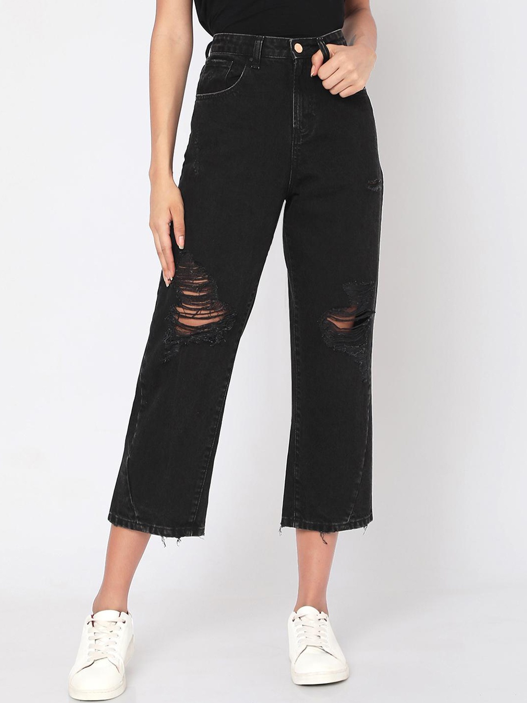 

SPYKAR Women Black Relaxed Fit Mildly Distressed Pure Cotton Jeans