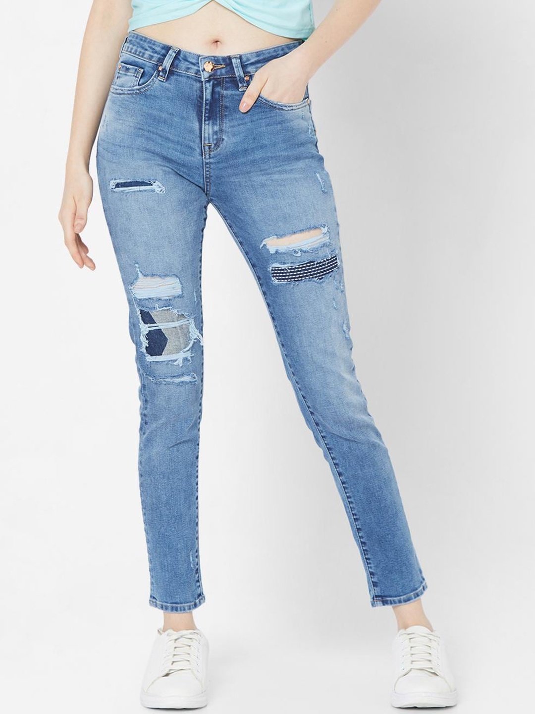 

SPYKAR Women Blue Skinny Fit Highly Distressed Heavy Fade Jeans