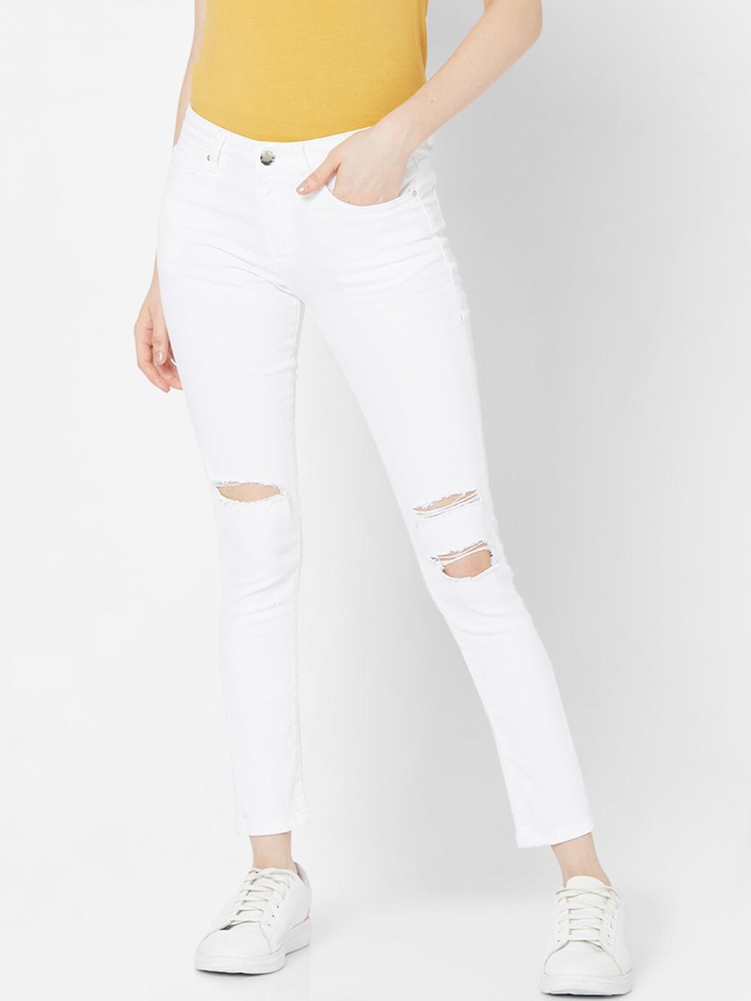 

SPYKAR Women White Skinny Fit Lycra Mildly Distressed Jeans