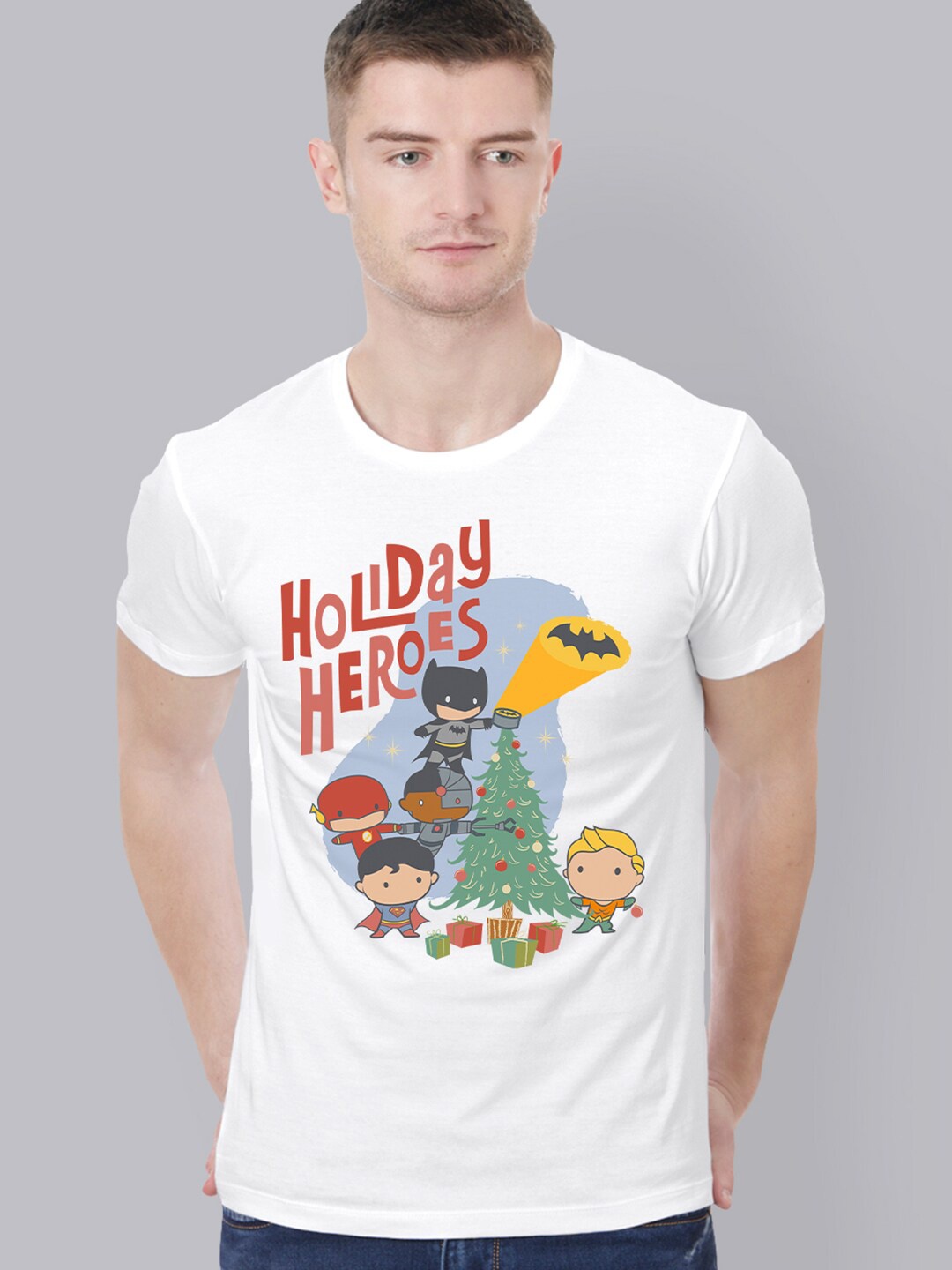 

Free Authority Men White Justice League Christmas Printed Cotton T-shirt
