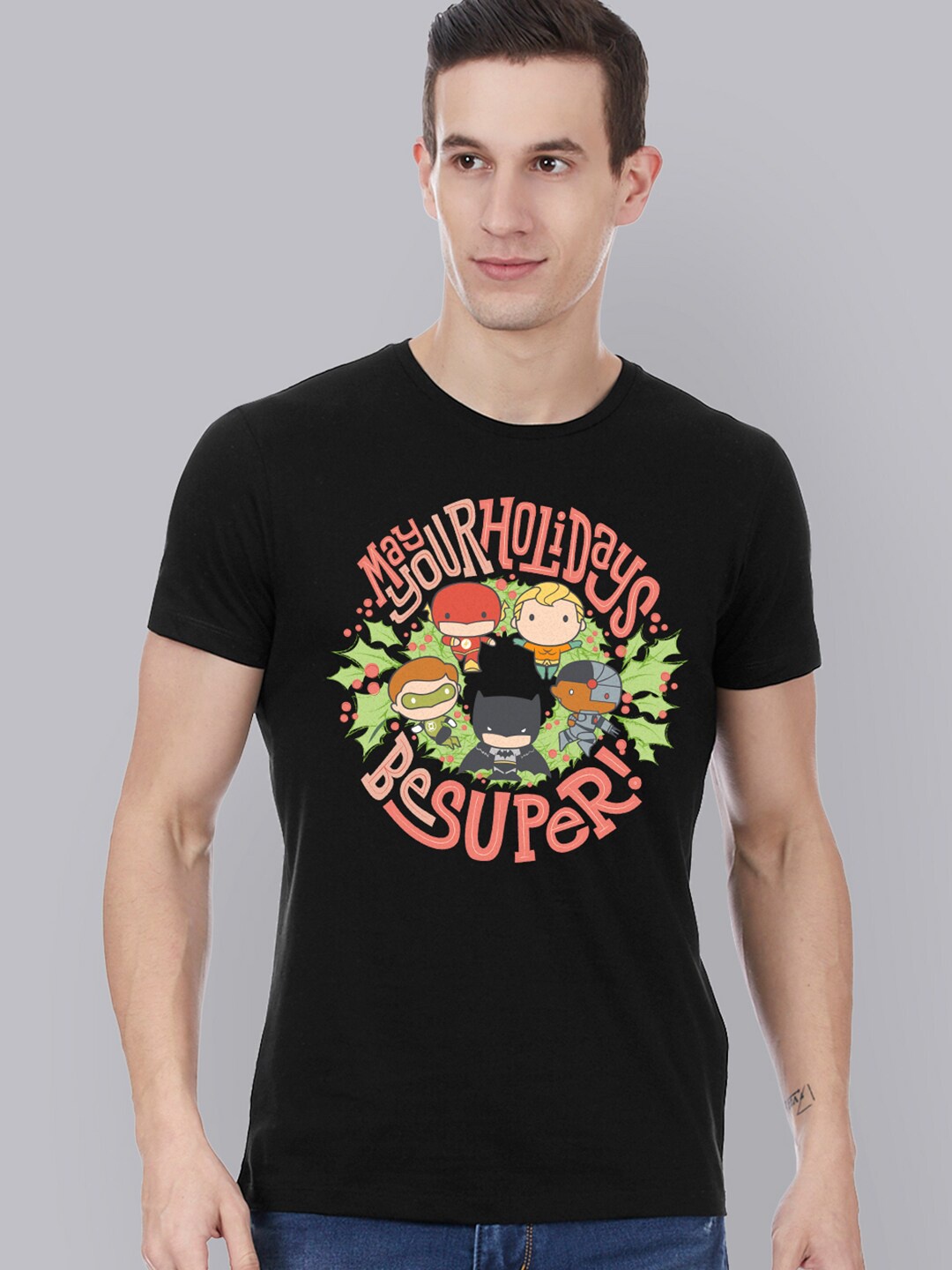 

Free Authority Men Black Justice League Christmas Printed Pure Cotton T-shirt