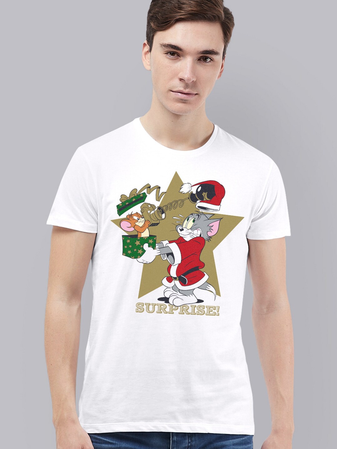 

Free Authority Men White Tom & Jerry Christmas Printed Pure Cotton T-shirt