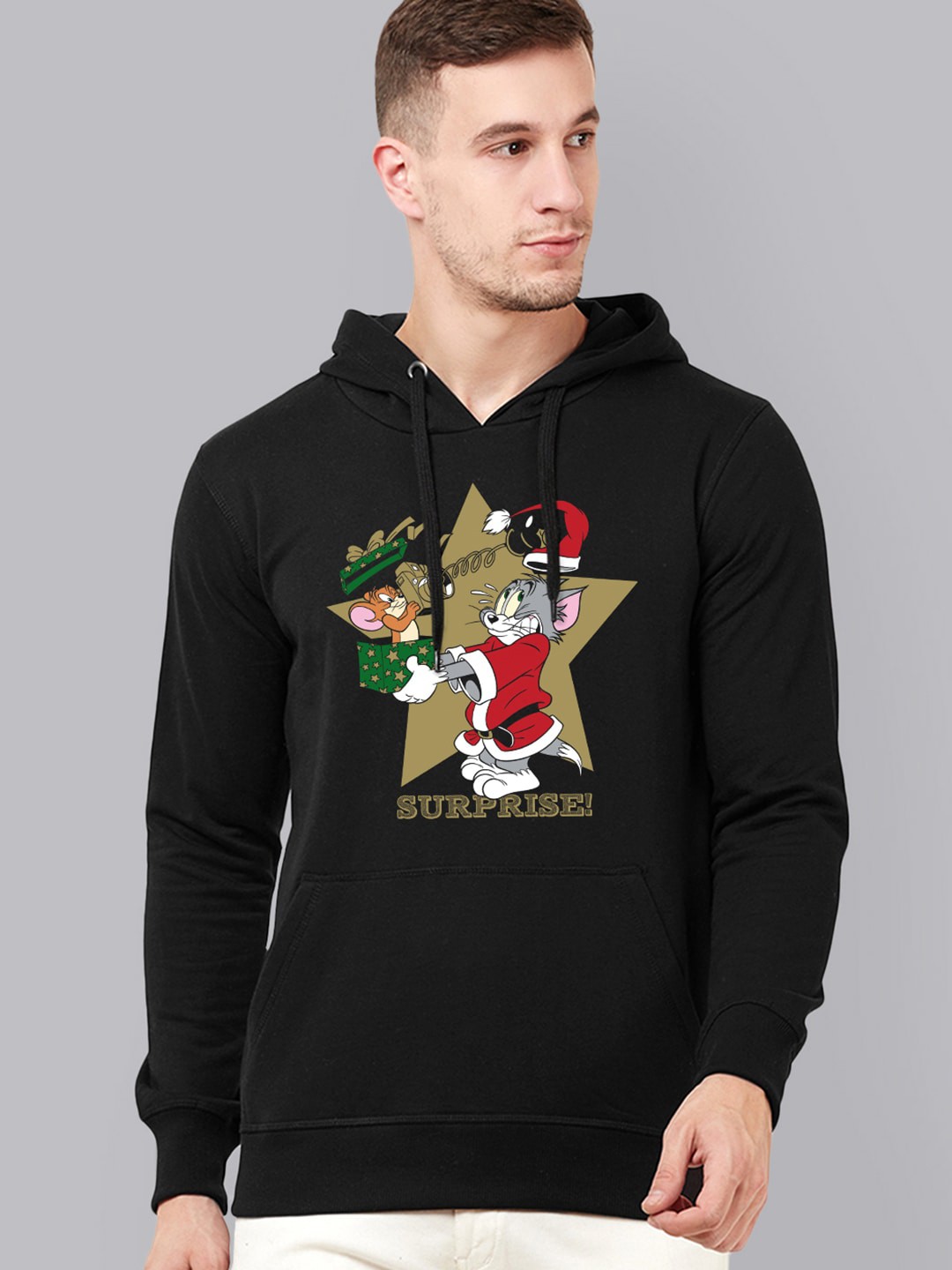 

Free Authority Men Black Tom & Jerry Christmas Printed Pure Cotton Hooded Sweatshirt