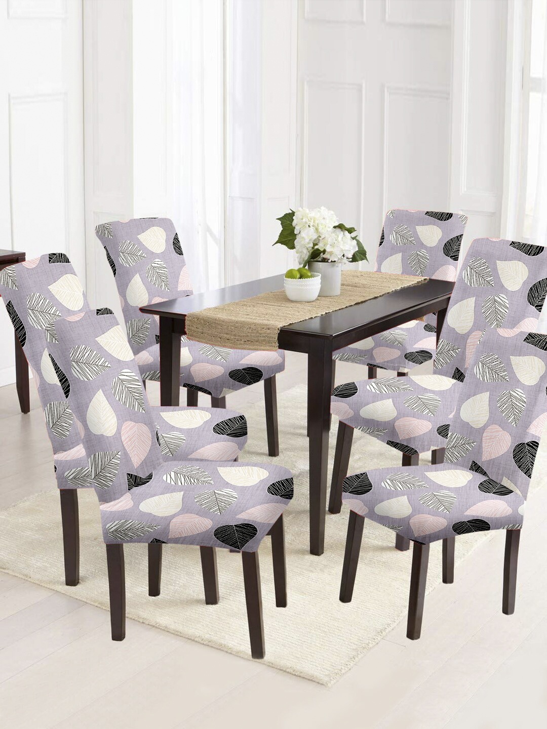 

Aura Set Of 6 Grey & Pink Printed Chair Covers