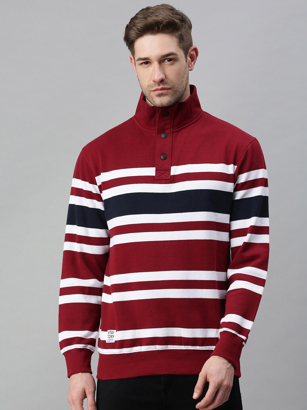 

SHOWOFF Men Maroon & White Striped Cotton Sweatshirt