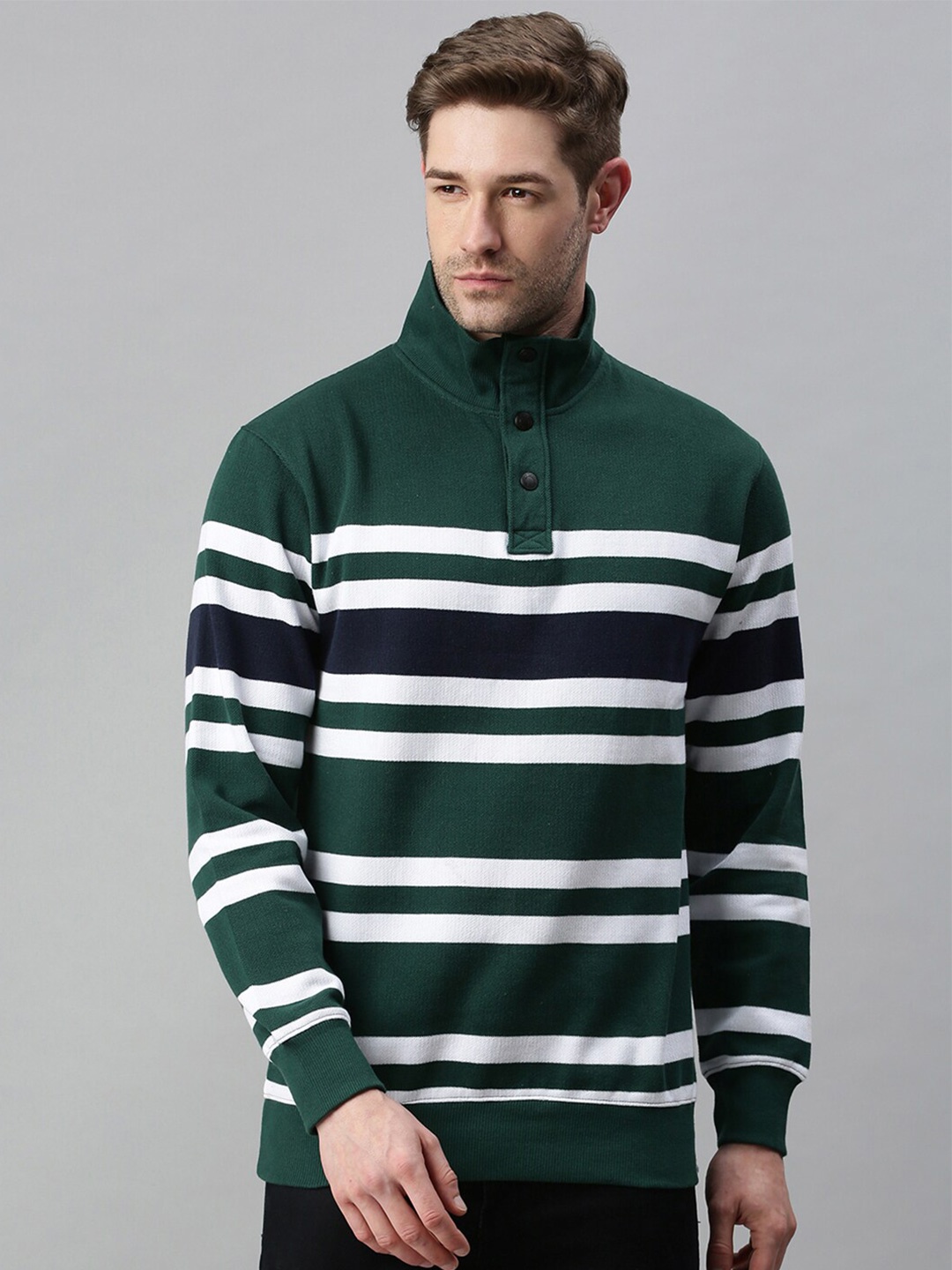 

SHOWOFF Men Green & White Striped Cotton Sweatshirt