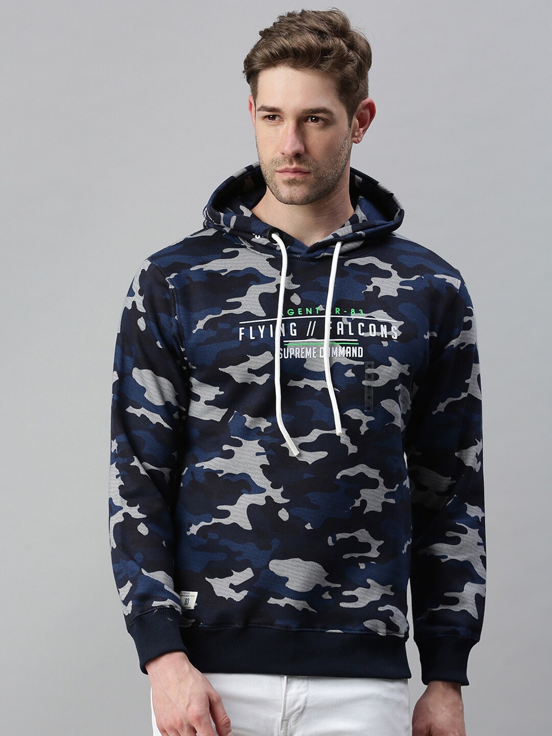 

SHOWOFF Men Navy Blue Printed Hooded Sweatshirt