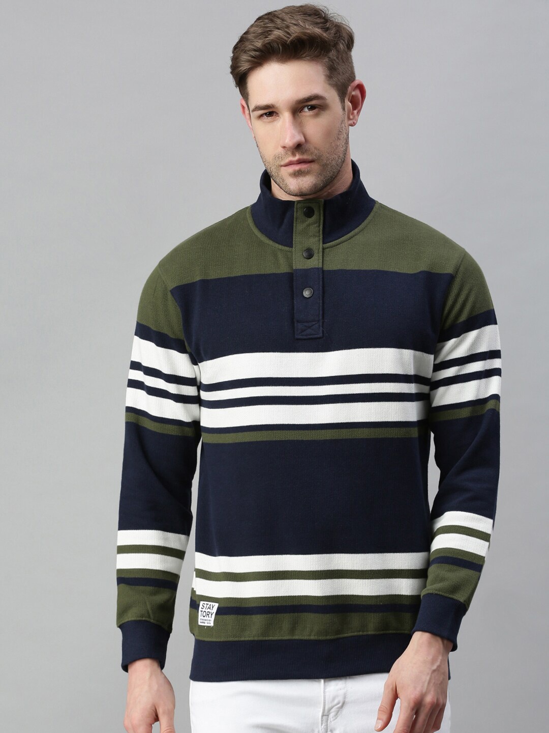 

SHOWOFF Men Olive Green Striped Sweatshirt