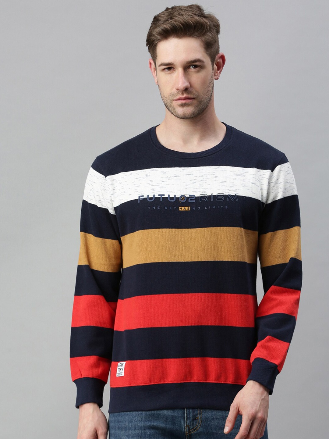 

SHOWOFF Men Navy Blue Striped Sweatshirt