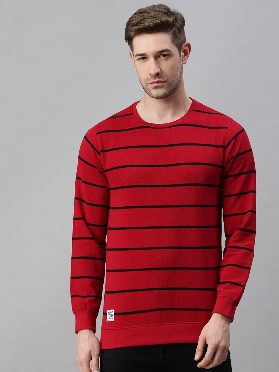 

SHOWOFF Men Red Cotton Striped Sweatshirt