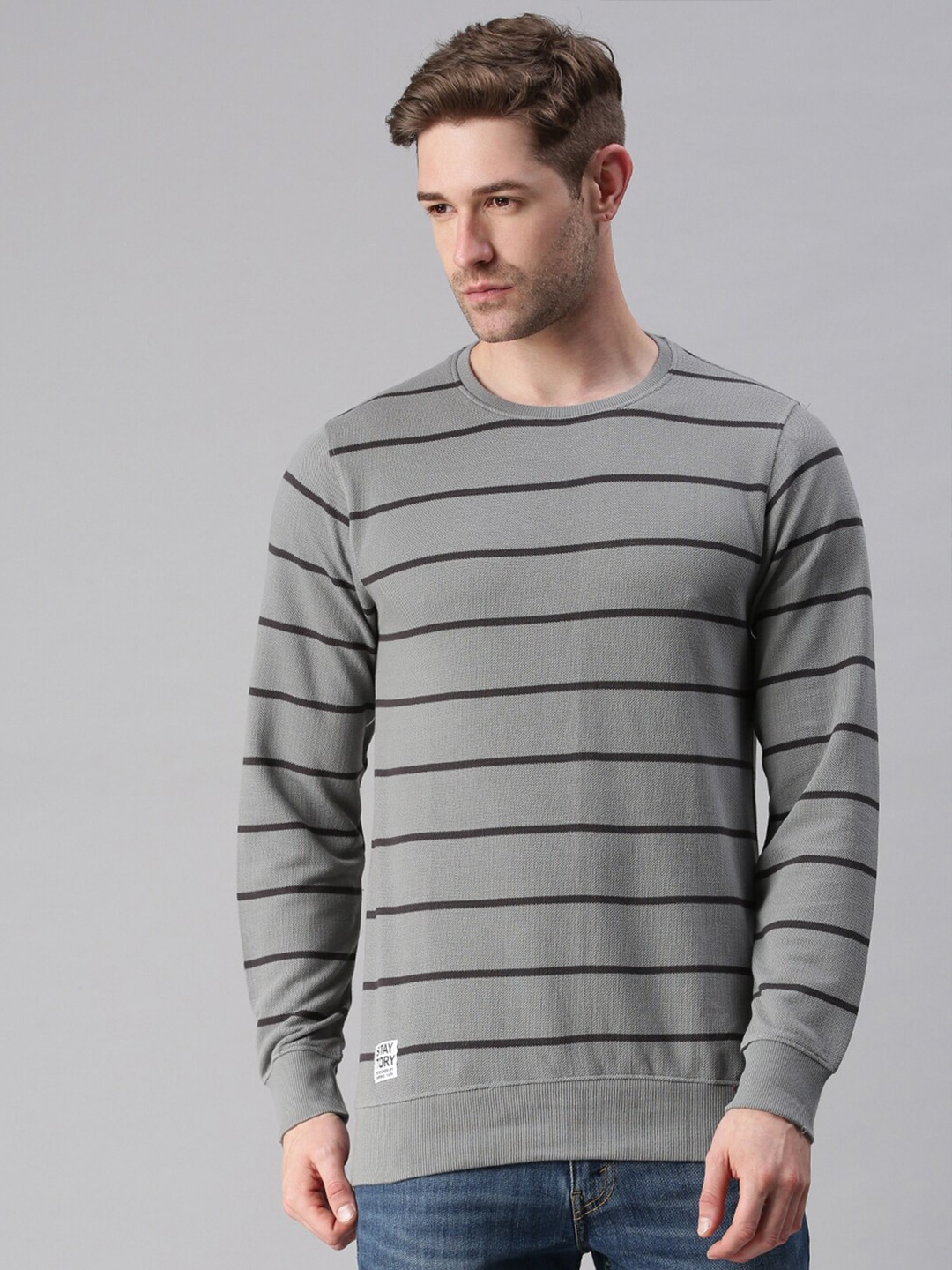 

SHOWOFF Men Grey Striped Sweatshirt