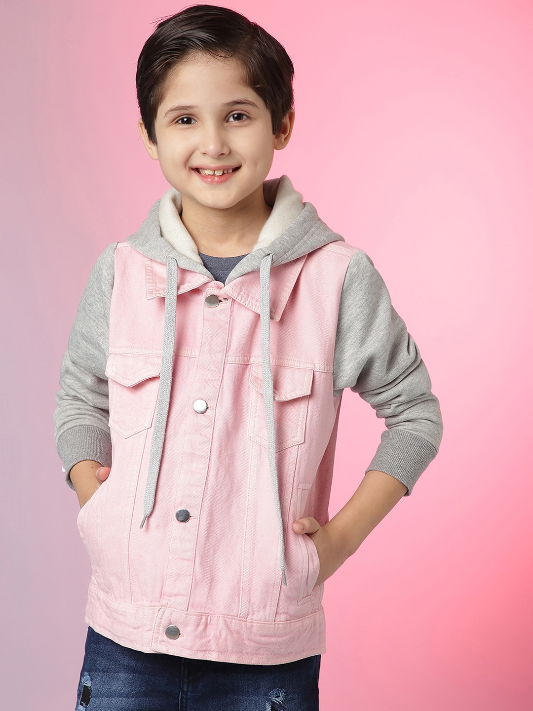 

Instafab Boys Pink Grey Windcheater Crop Denim Jacket
