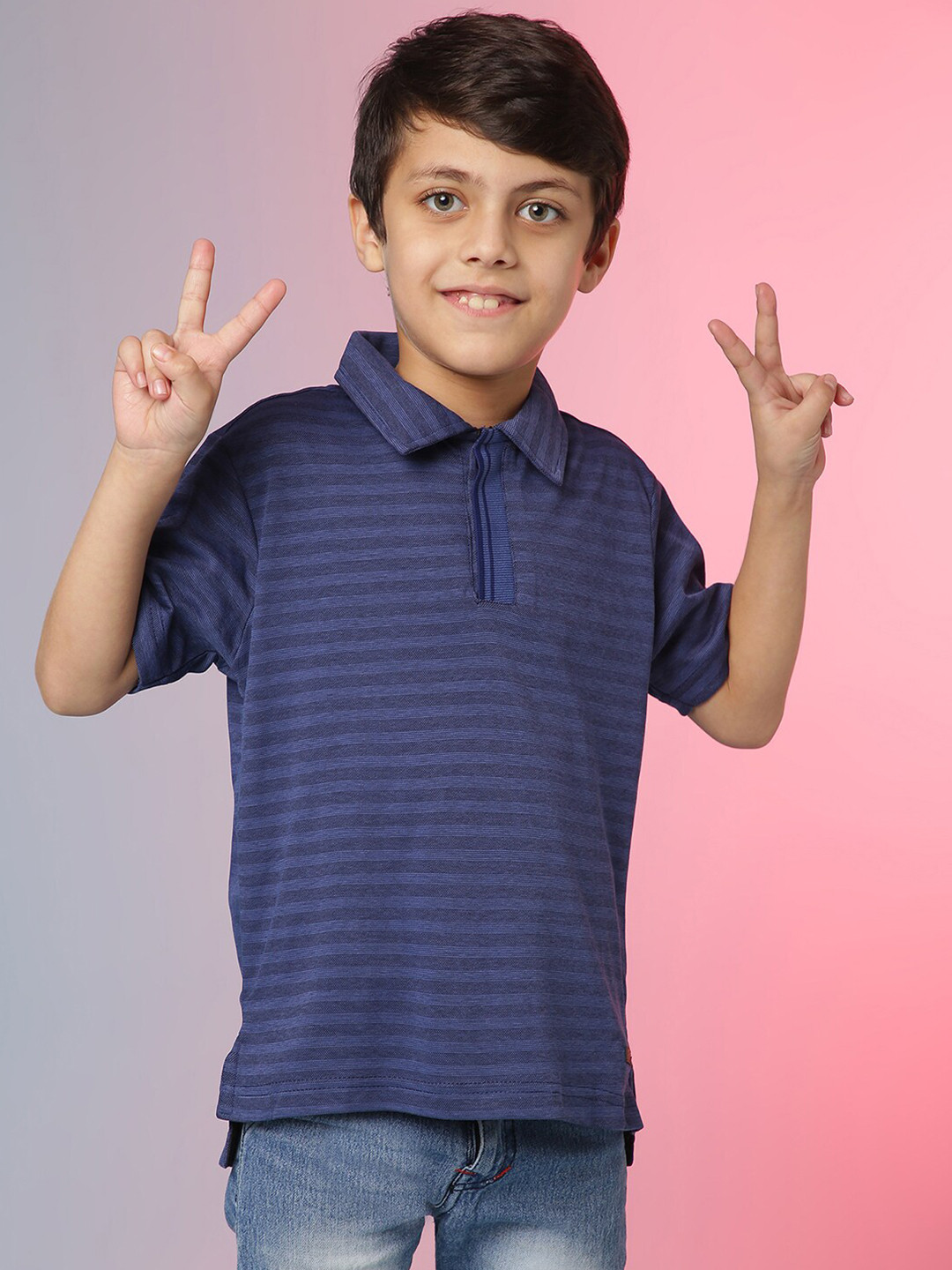 

Instafab Boys Navy Blue Striped Polo Collar Outdoor T-shirt