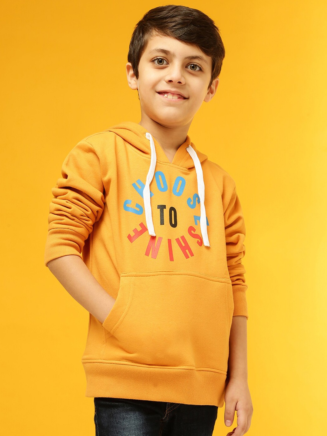 

Instafab Boys Mustard Printed Hooded Sweatshirt