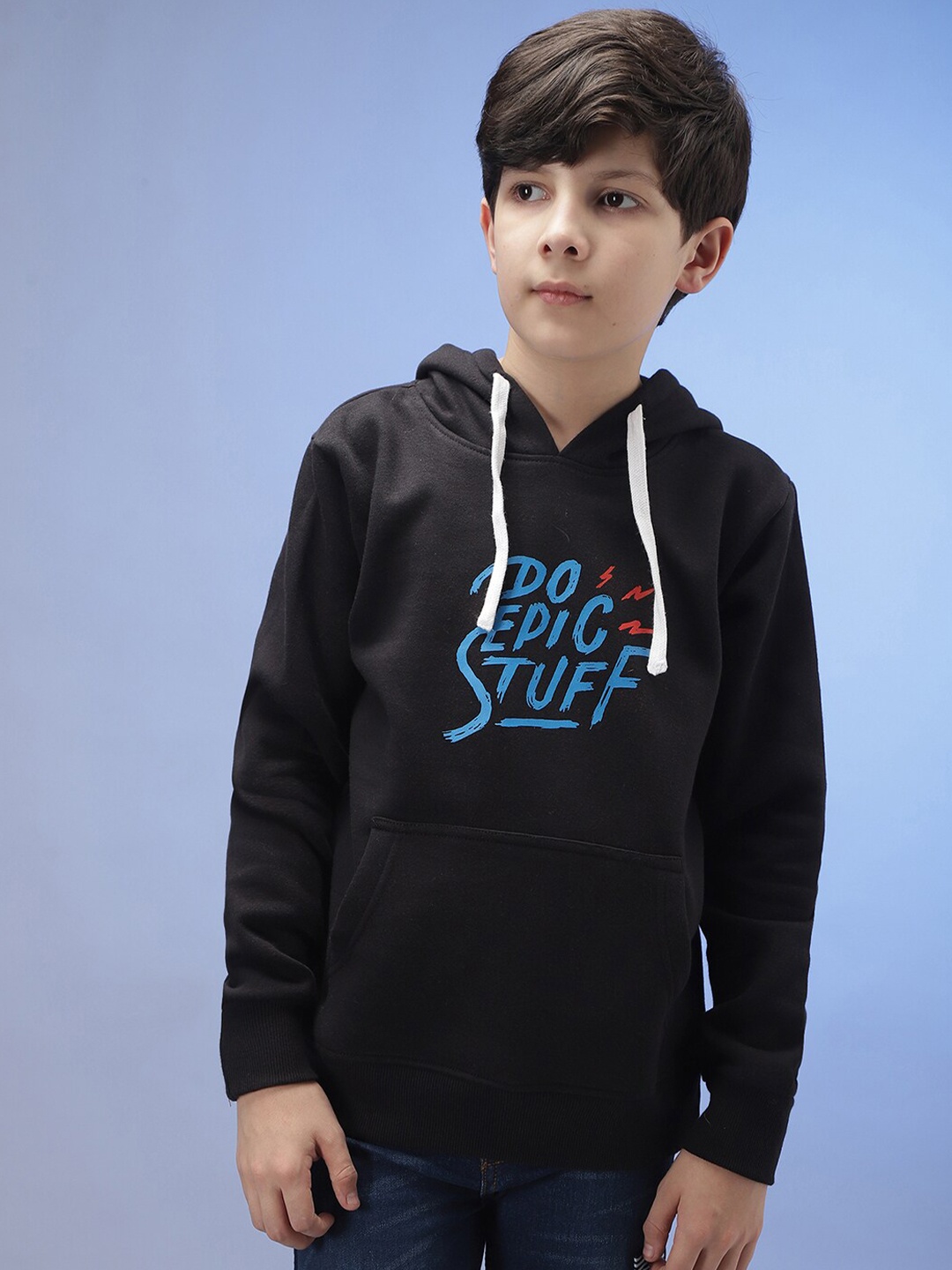 

Instafab Boys Black Printed Hooded Sweatshirt