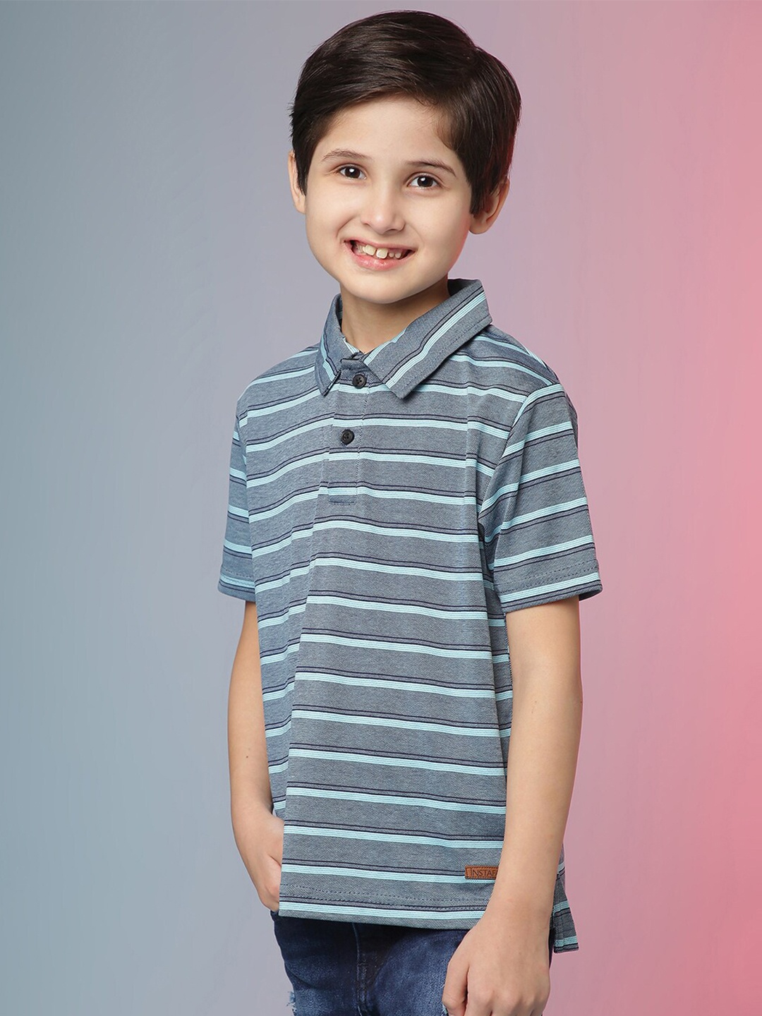 

Instafab Boys Blue & Black Striped Mandarin Collar Outdoor T-shirt