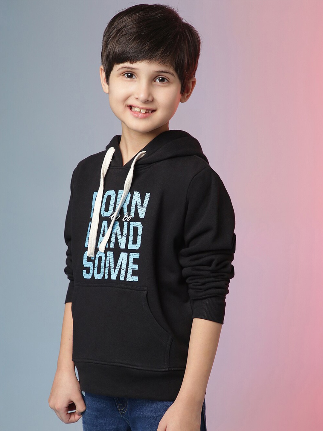 

Instafab Boys Black Printed Hooded Sweatshirt