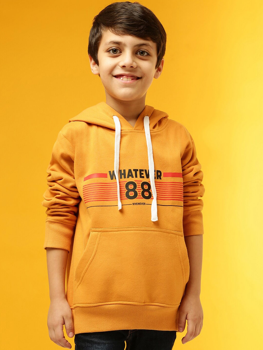 

Instafab Boys Mustard Printed Hooded Sweatshirt