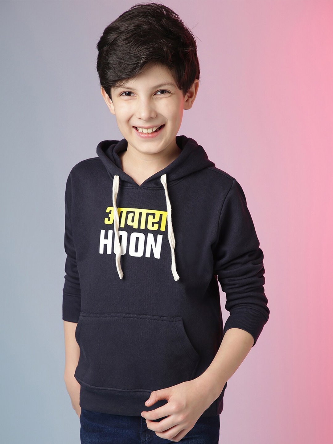 

Instafab Boys Navy Blue Printed Hooded Sweatshirt
