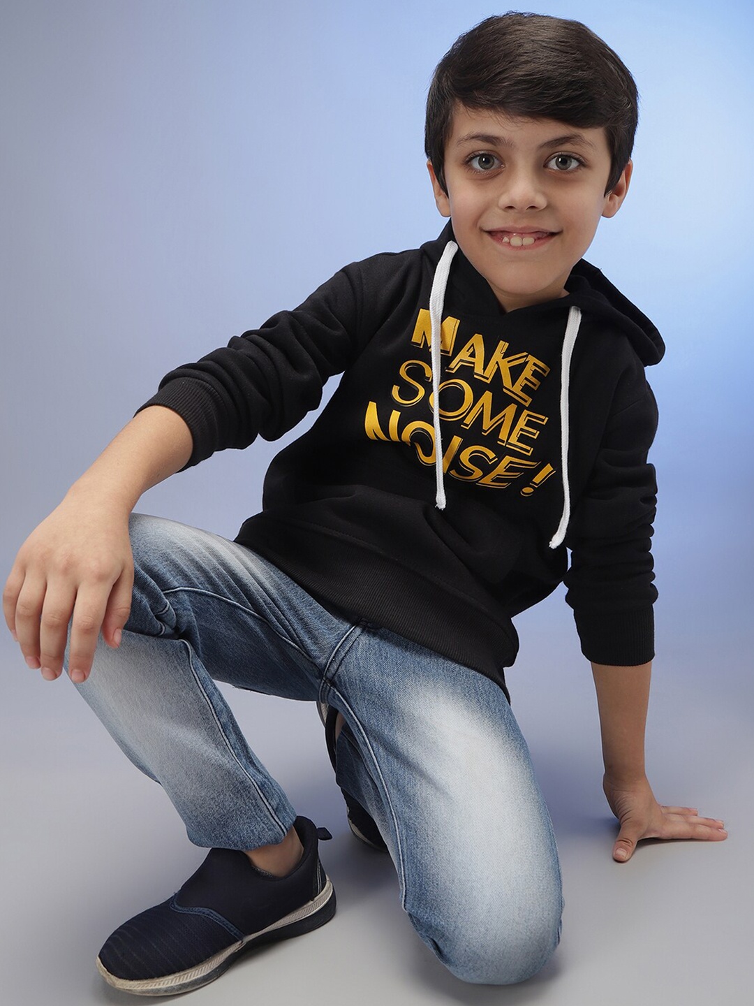 

Instafab Boys Black Printed Hooded Sweatshirt