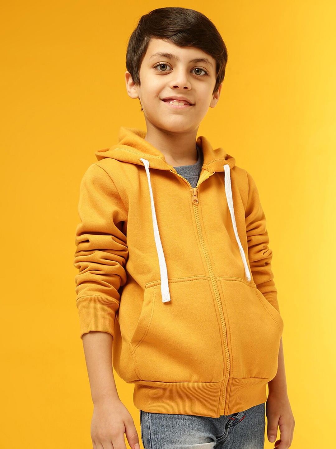 

Instafab Boys Mustard Solid Hooded Front-Open Sweatshirt