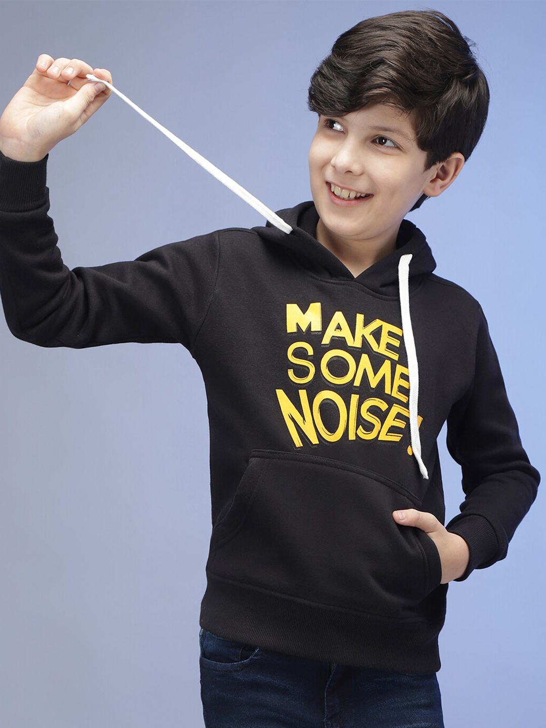 

Instafab Boys Black Printed Hooded Sweatshirt