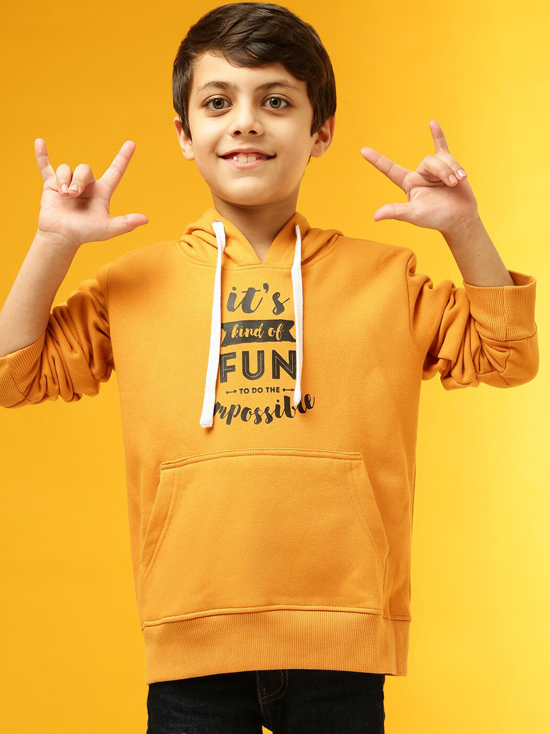 

Instafab Boys Mustard Printed Hooded Sweatshirt
