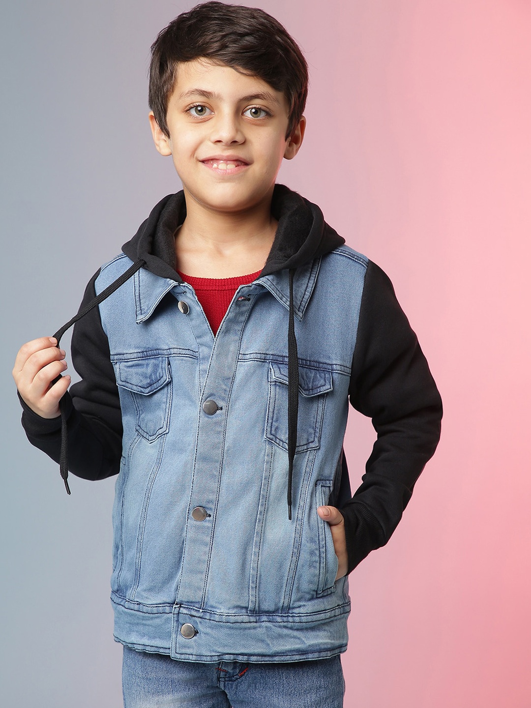 

Instafab Boys Blue & Black Washed Hooded Denim Jacket