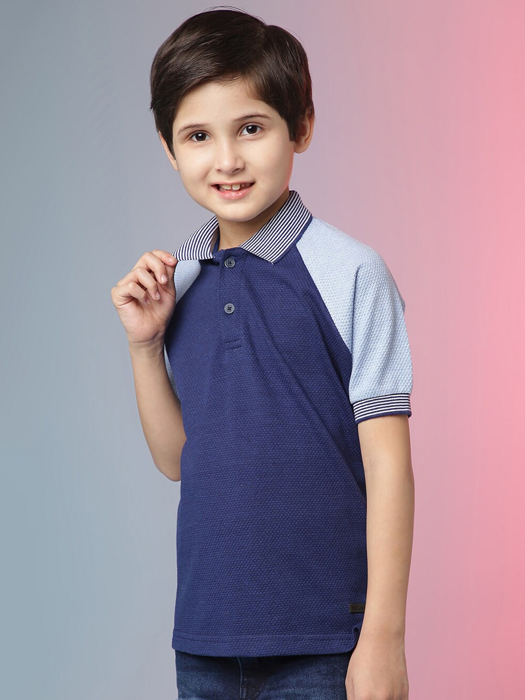 

Instafab Boys Navy Blue Colourblocked Polo T-shirt