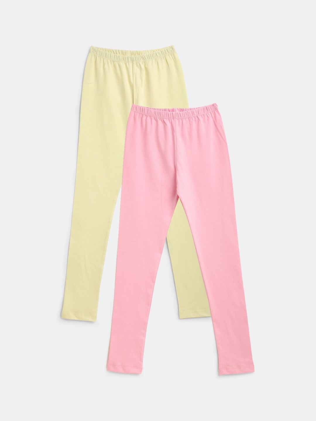

YK Girls Yellow & Pink Set of 2 Solid Ankle-Length Leggings