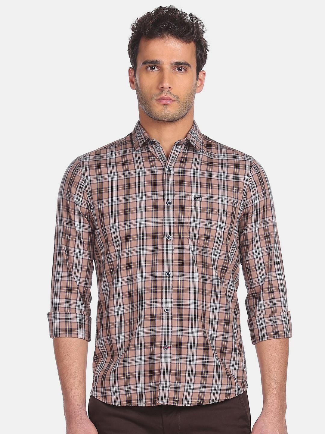 

Arrow Men Beige Tartan Checks Checked Casual Shirt