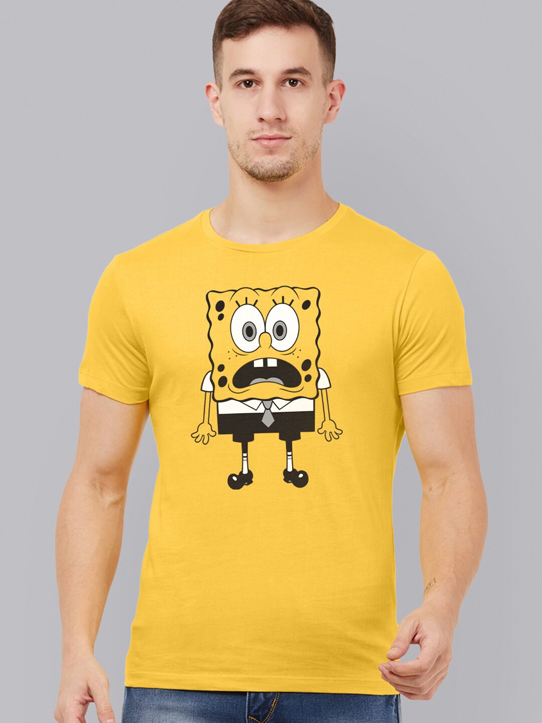 

Free Authority Men Yellow Sponge Bob Printed Applique T-shirt