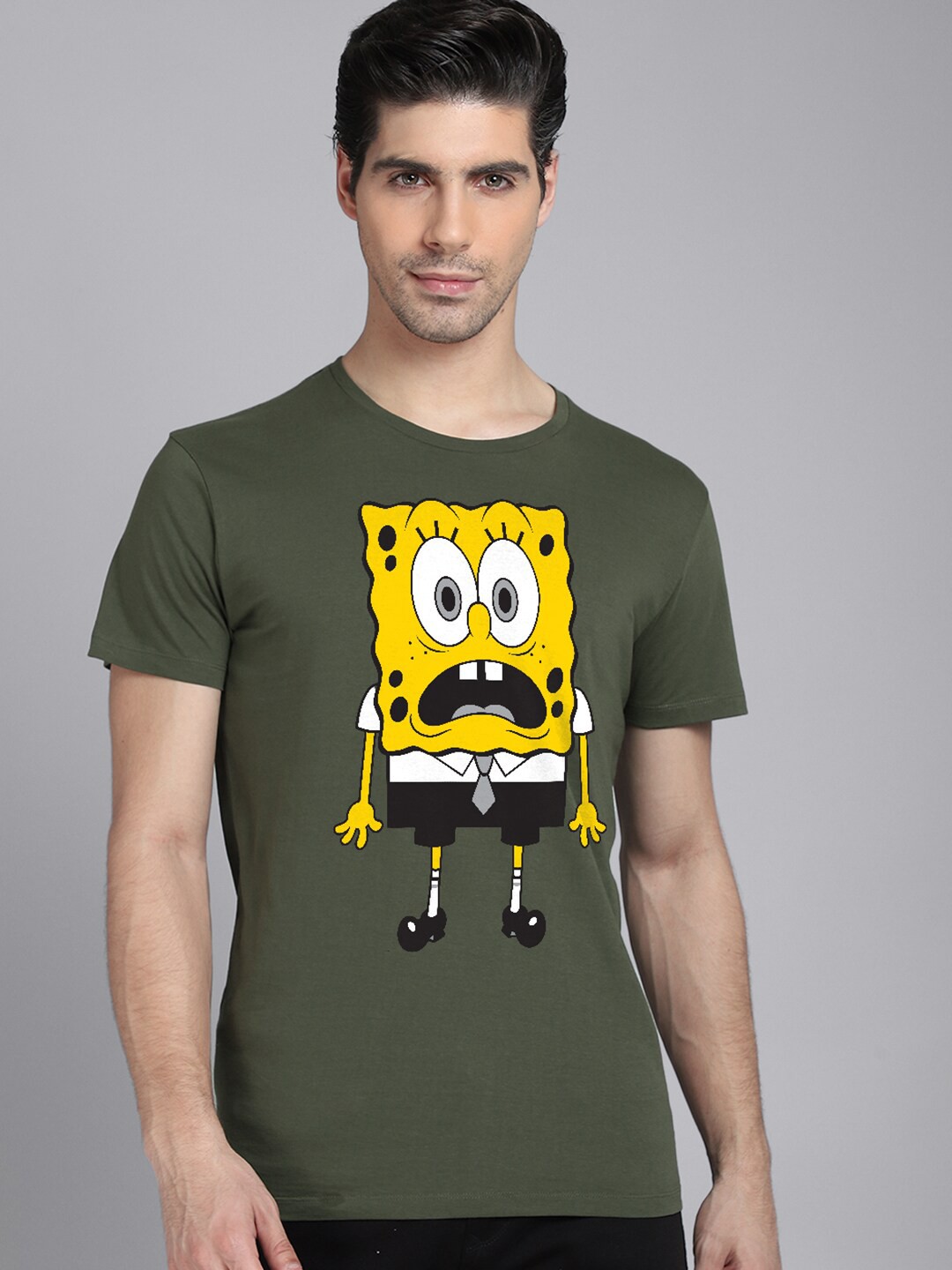 

Free Authority Sponge Bob Men Olive Green Printed T-shirt