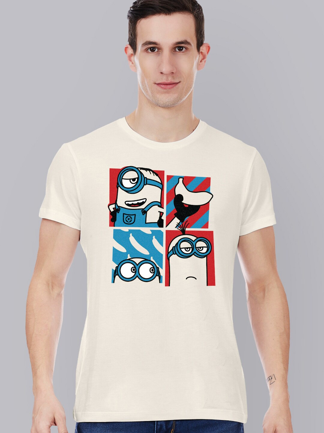 

Free Authority Men White Minions Printed Applique T-shirt