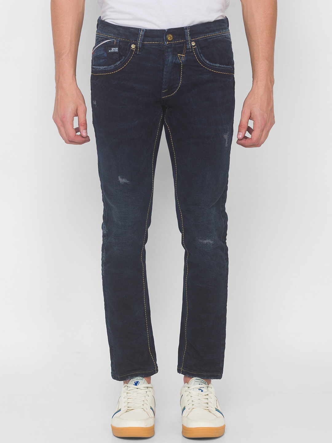 

SPYKAR Men Blue Skinny Fit Low-Rise Mildly Distressed Light Fade Jeans