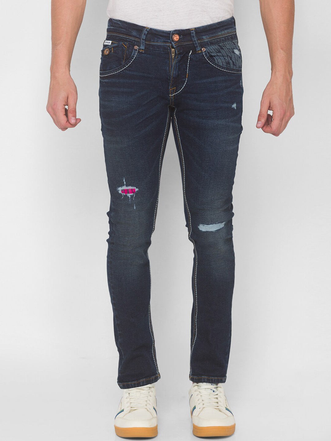 

SPYKAR Men Blue Skinny Fit Low-Rise Mildly Distressed Light Fade Jeans