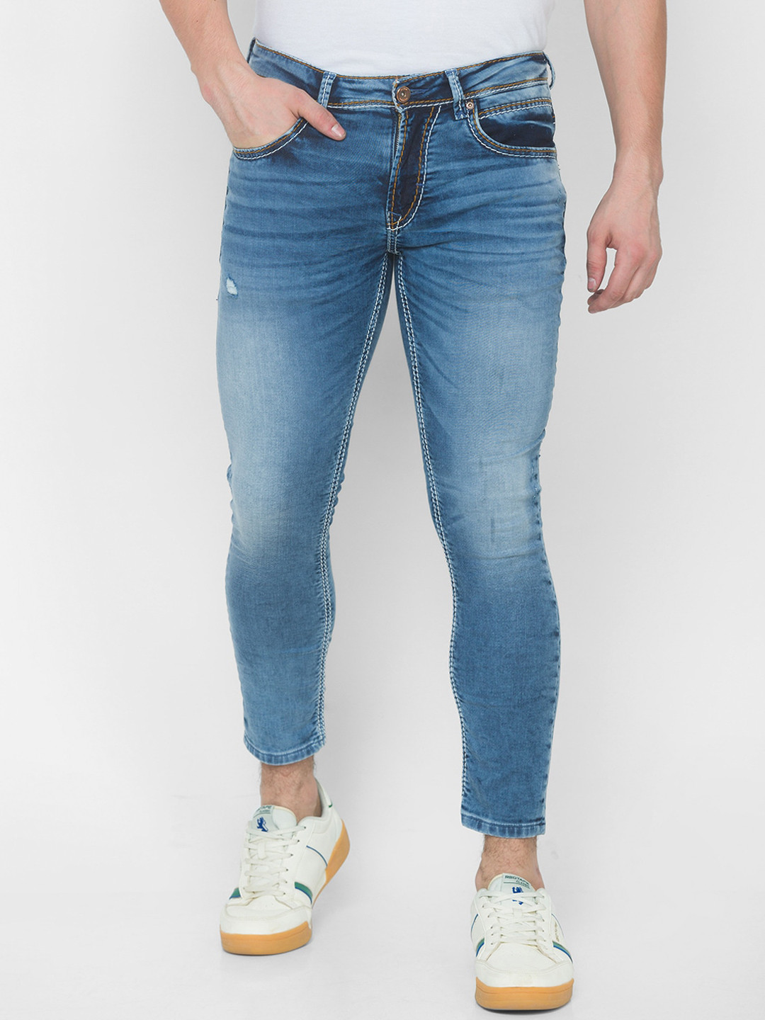 

SPYKAR Men Blue Slim Fit Low Distress Heavy Fade Pure Cotton Jeans