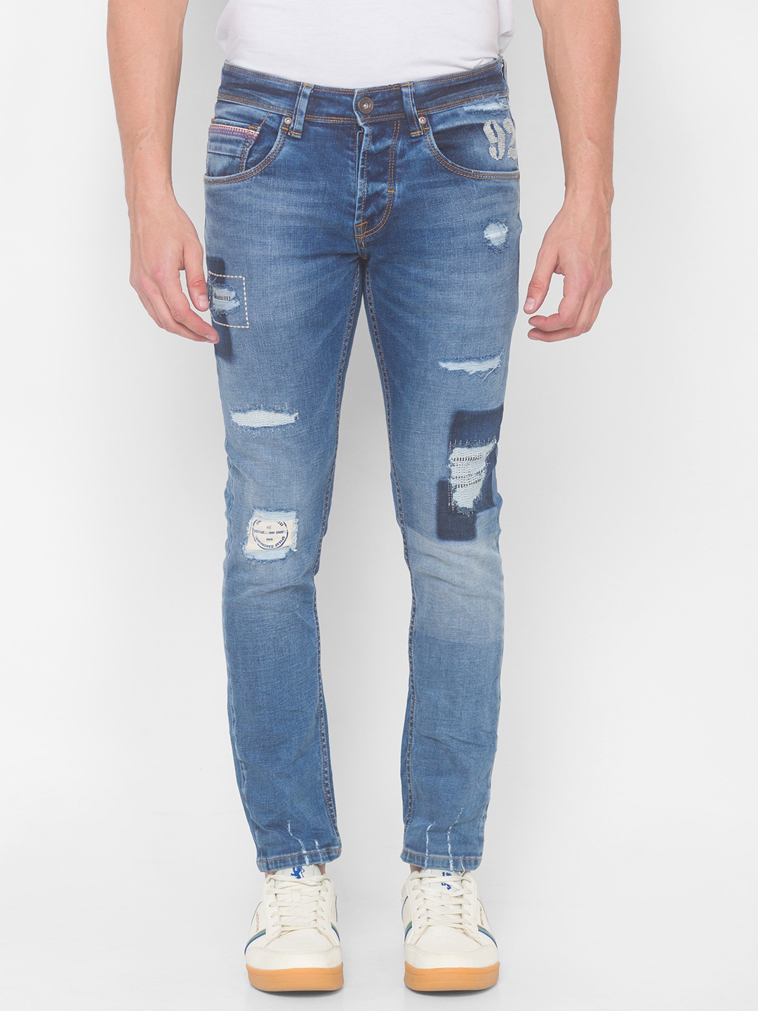 

SPYKAR Men Blue Skinny Fit Low-Rise Highly Distressed Light Fade Jeans