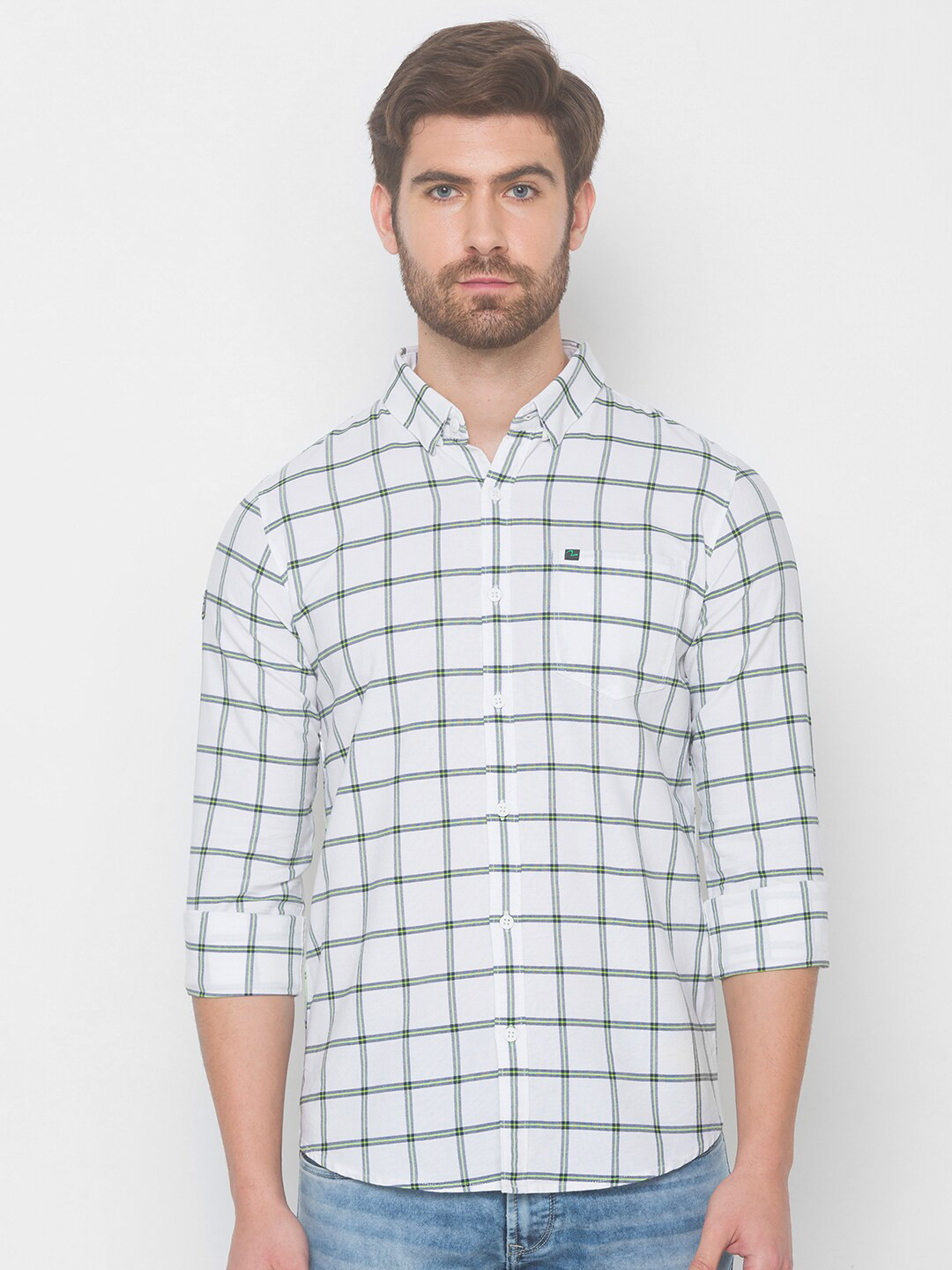 

SPYKAR Men White Windowpane Checks Checked Pure Cotton Casual Shirt