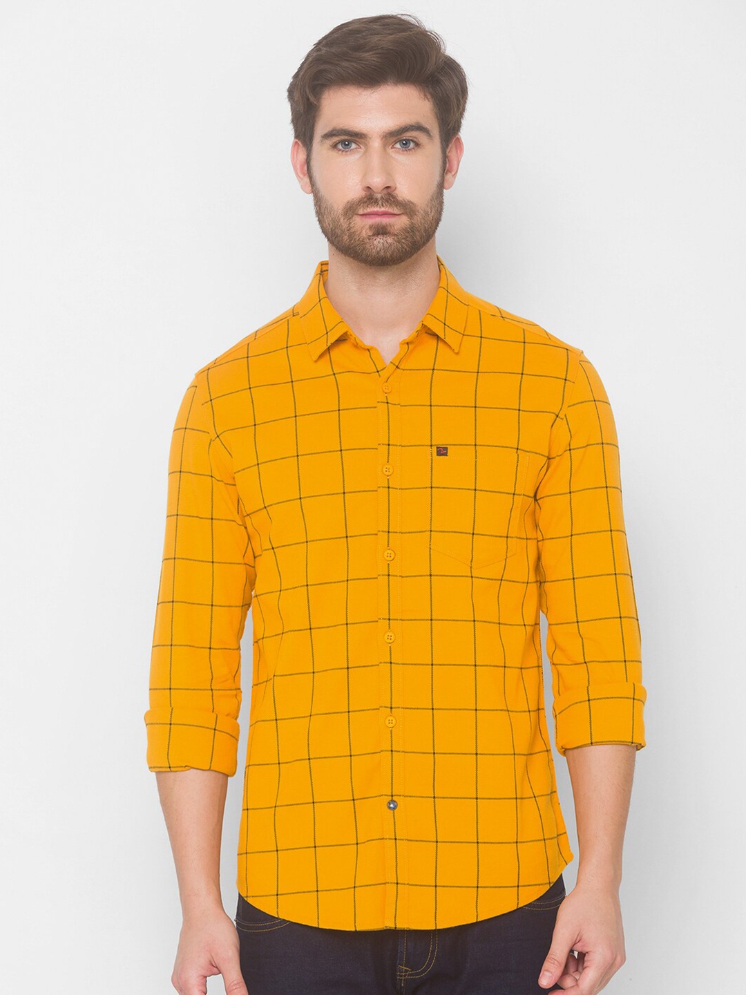 

SPYKAR Men Yellow Slim Fit Windowpane Checks Checked Casual Shirt