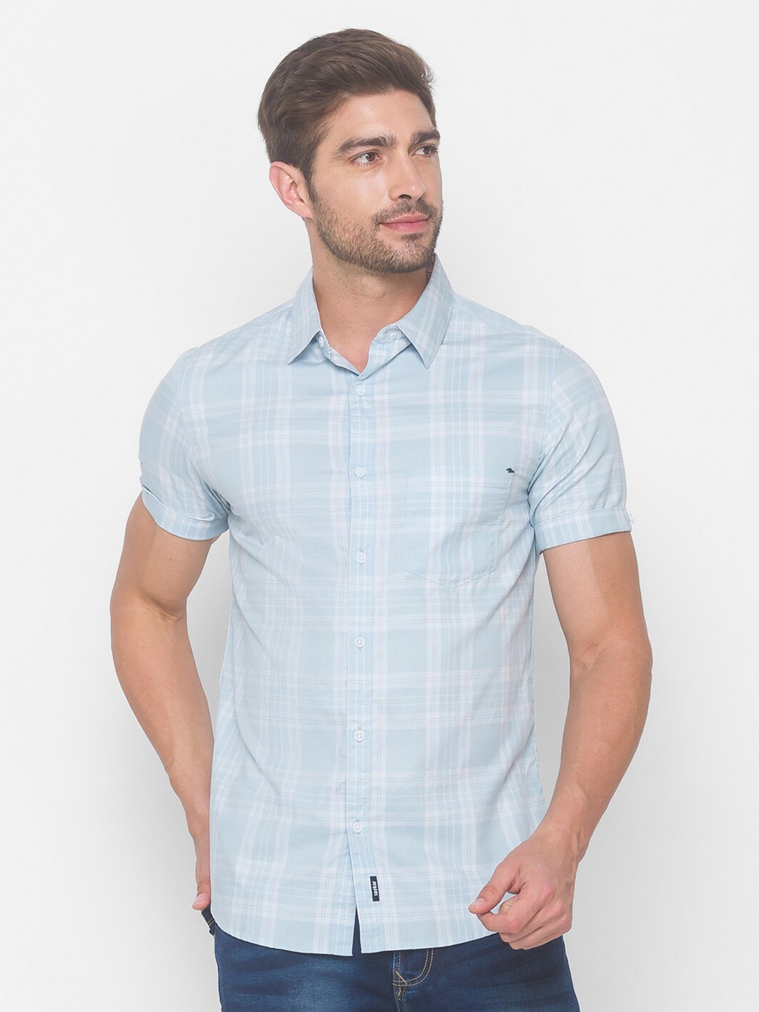 

SPYKAR Men Blue Checked Cotton Casual Shirt
