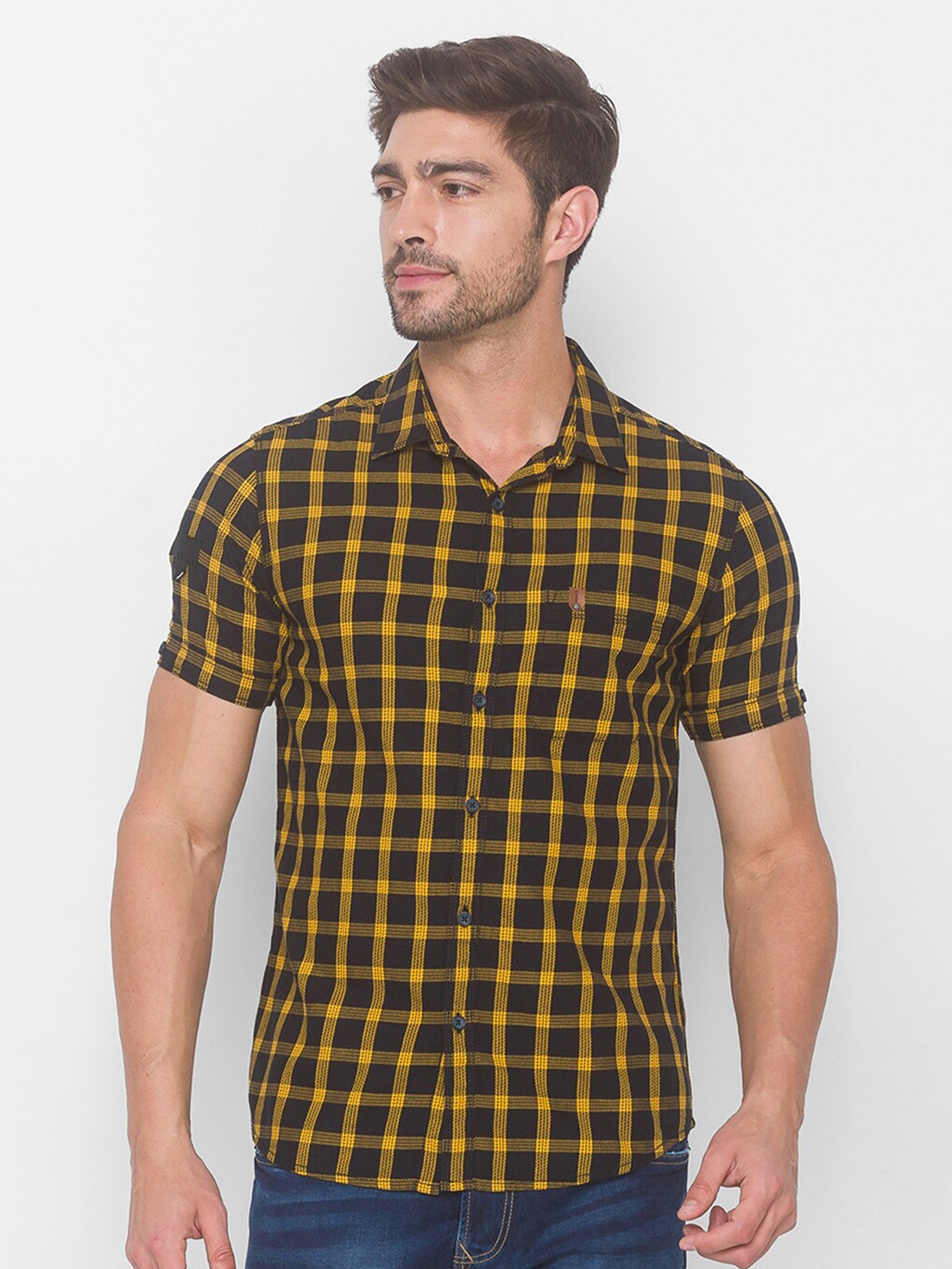 

SPYKAR Men Yellow Checked Casual Shirt