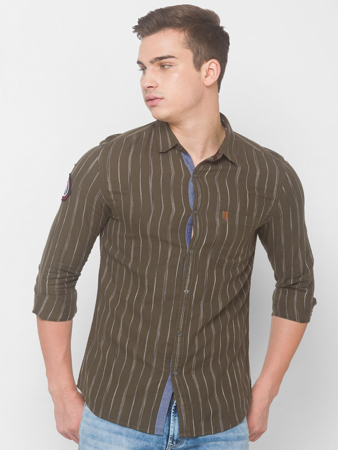 

SPYKAR Men Green Striped Casual Shirt