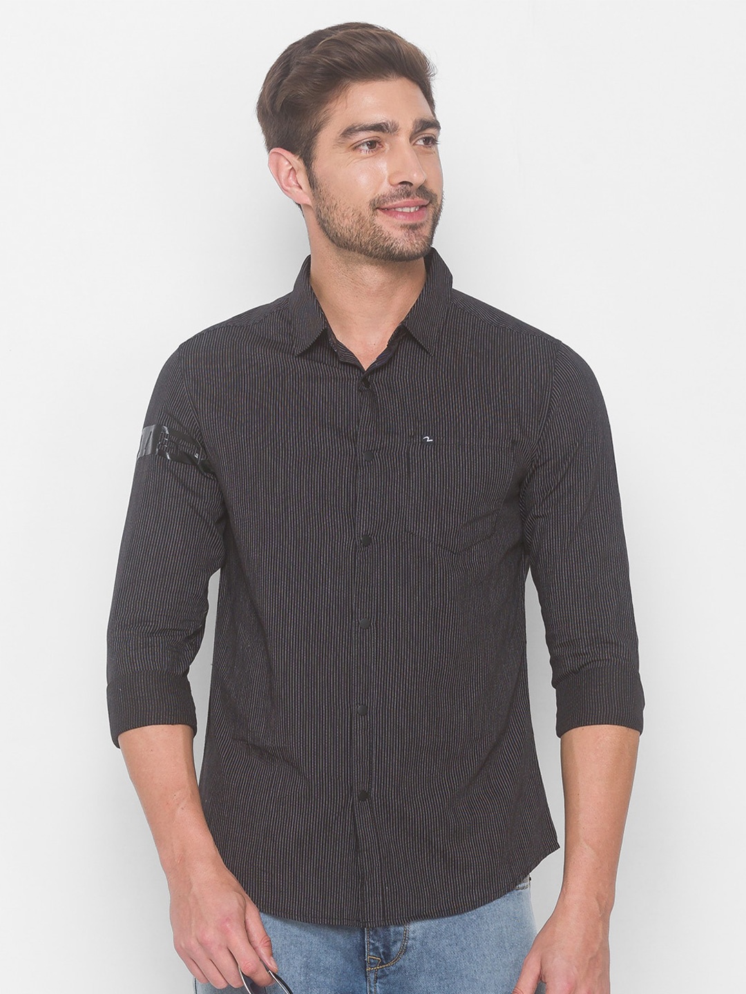 

SPYKAR Men Black Pinstripes Striped Casual Shirt