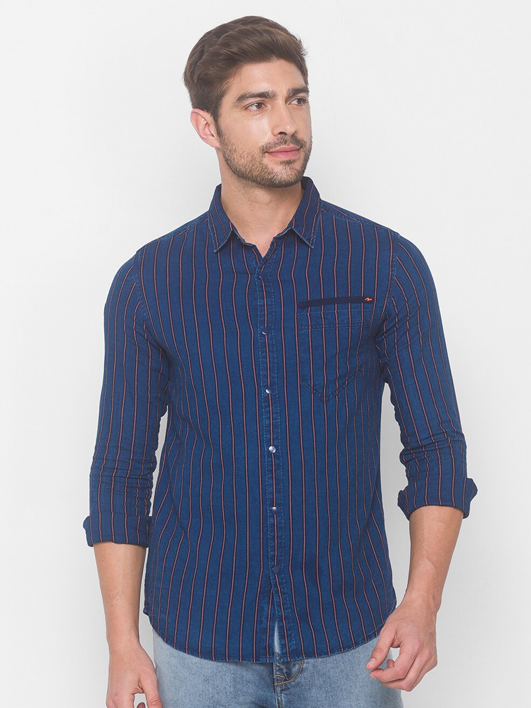 

SPYKAR Men Orange Striped Casual Shirt