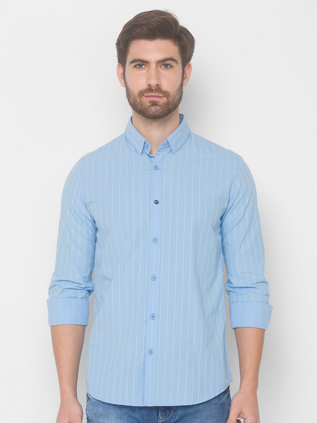 

SPYKAR Men Blue Striped Pure Cotton Casual Shirt