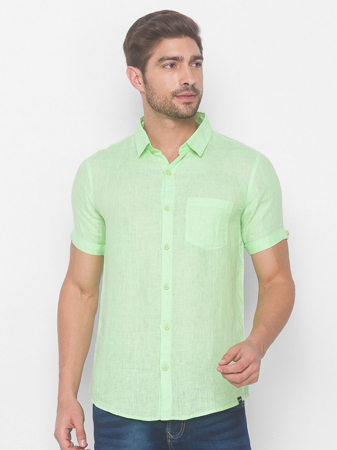 

SPYKAR Men Green Solid Cotton Casual Shirt