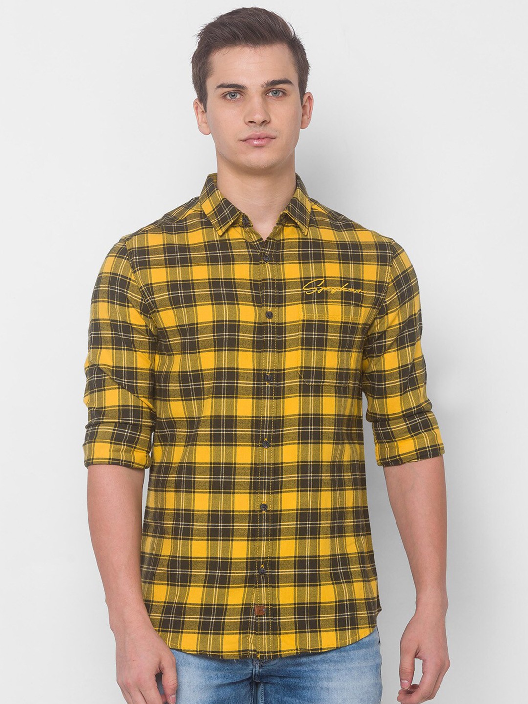 

SPYKAR Men Yellow Tartan Checked Pure Cotton Casual Shirt