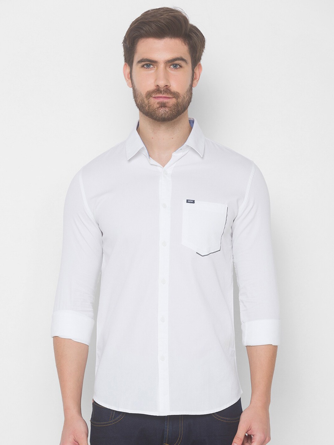 

SPYKAR Men White Solid Pure Cotton Casual Shirt