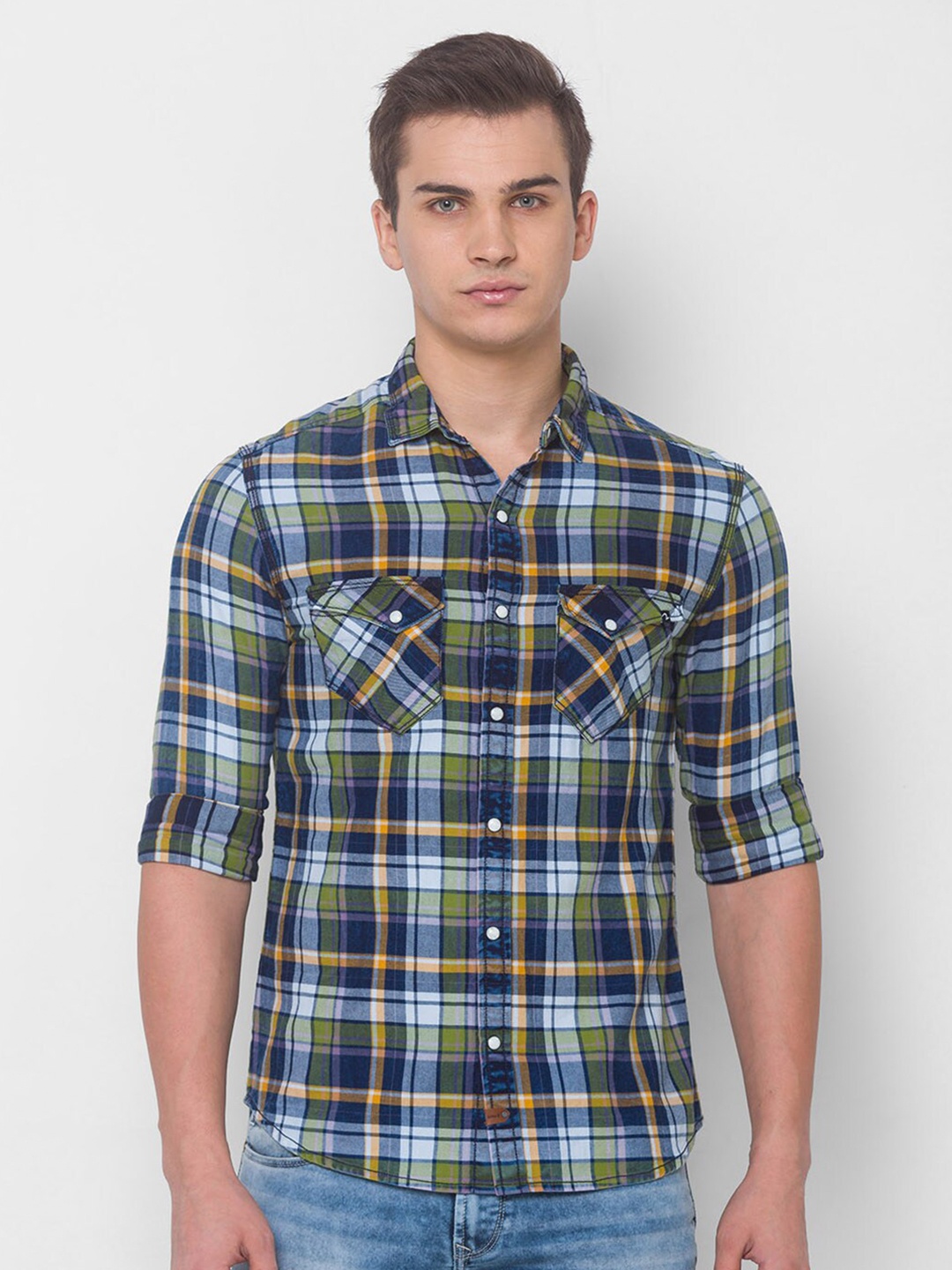 

SPYKAR Men Green Tartan Checks Checked Pure Cotton Casual Shirt